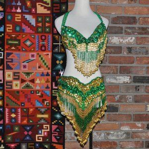 3 Piece Gold Sequin, Heavily Beaded, Tassels, Festival Carnival Outfit, Showgirl